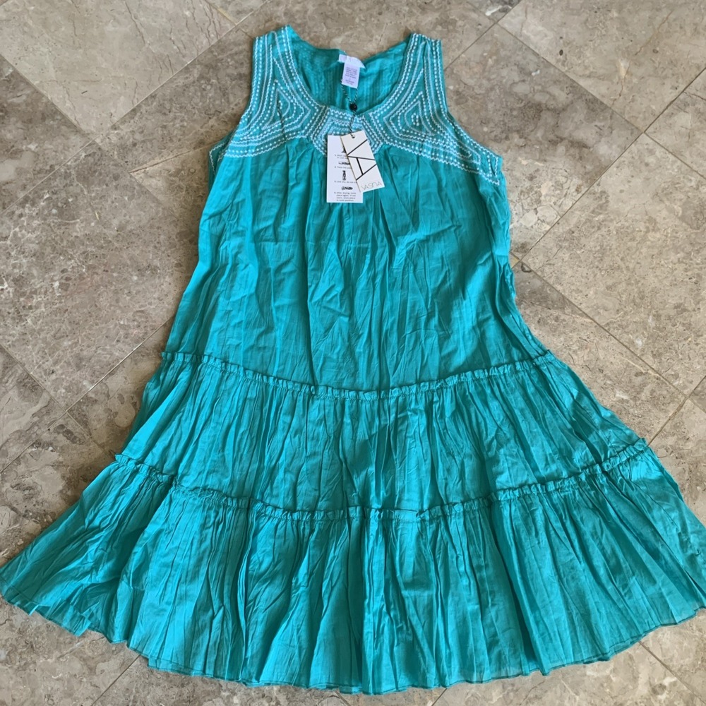 Vasna Large Cotton Sleeveless Tiered Dress With Stitching Detail Turquoise